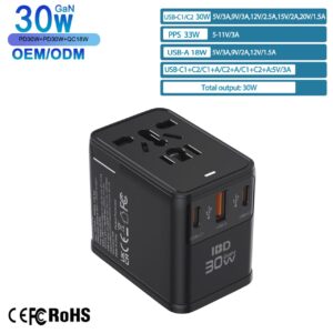 Universal Travel Adapter 30W GaN Fast Charger – USB-C & USB-A
